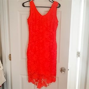 Soieblu deep coral Lace hi-lo hem dress